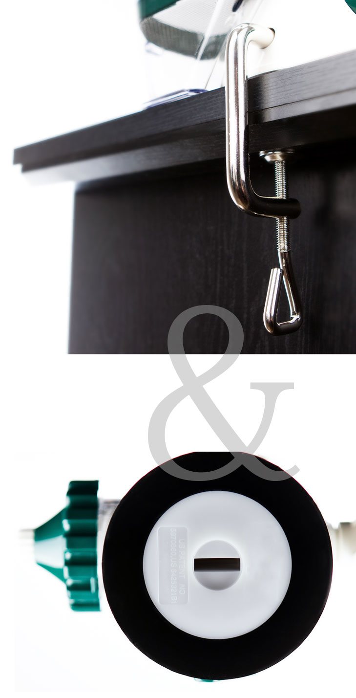 Comes with a table clamp AND suction base so you can affix anywhere